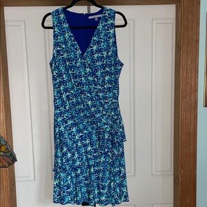 Carmen Marc Valvo Blue & Teal Printed Midi Wrap Dress